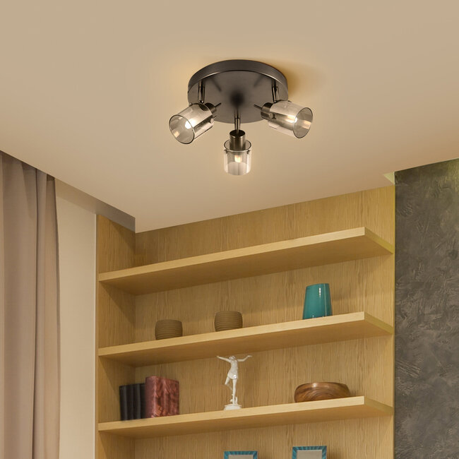 Industrial matt black ceiling spotlight with 3-light smoked glass grey glass - Chicago
