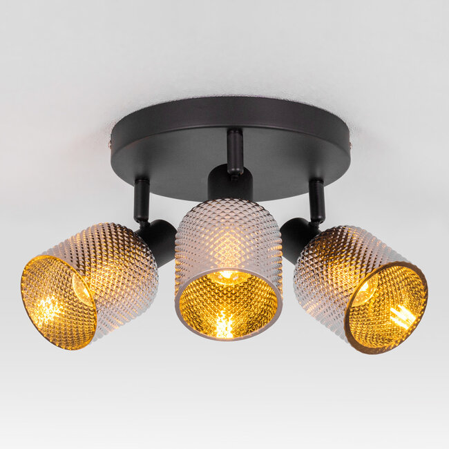 Matt black ceiling spotlight with smoked grey glass, 3 spotlights - Jersey