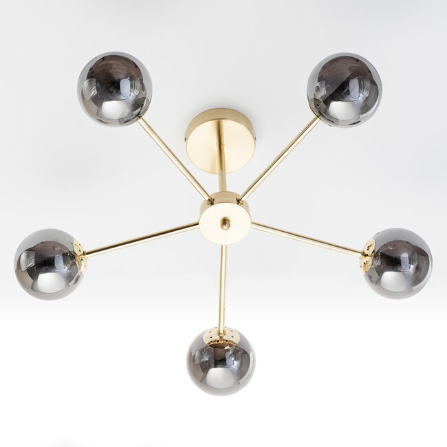 Industrial gold-coloured ceiling lamp with smoked glass and mirror effect, 5-light - Leah
