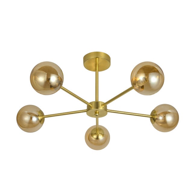 5-light modern ceiling light Louisa - gold and amber glass