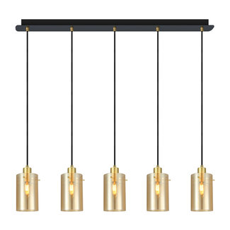 Modern matt black and sand golden pendant lamp with amber-coloured glass, 5-light - Seattle