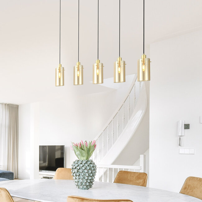 Modern Matt black and sand Gold pendant lamp with amber-coloured glass, 5-light - Seattle