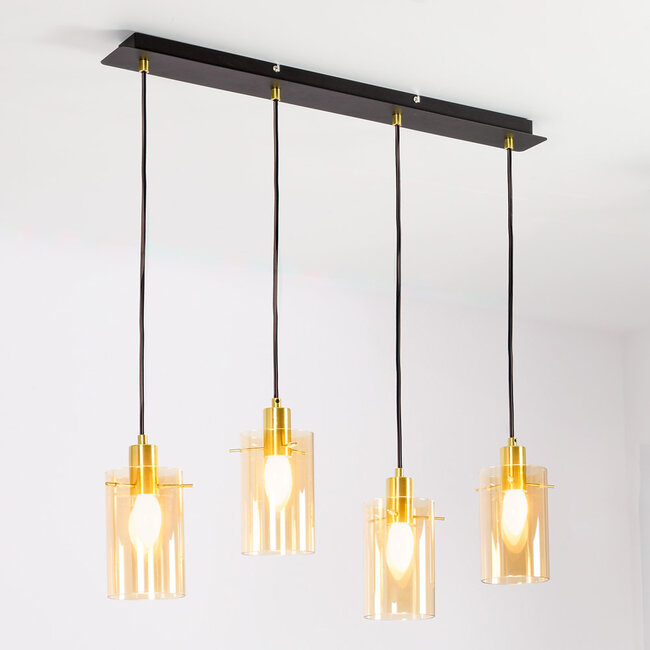 Industrial matt black and sand gold pendant lamp with amber glass 4-light - Tuscon