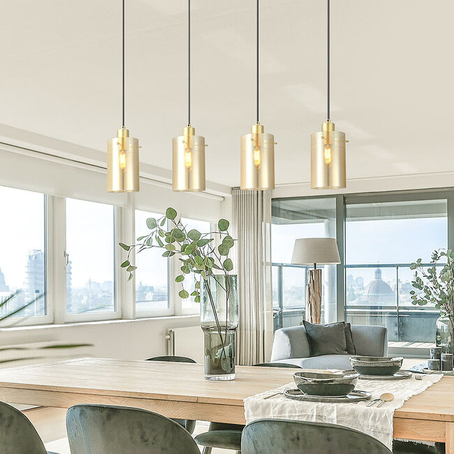 Industrial matt black and sand gold pendant lamp with amber glass 4-light - Tuscon