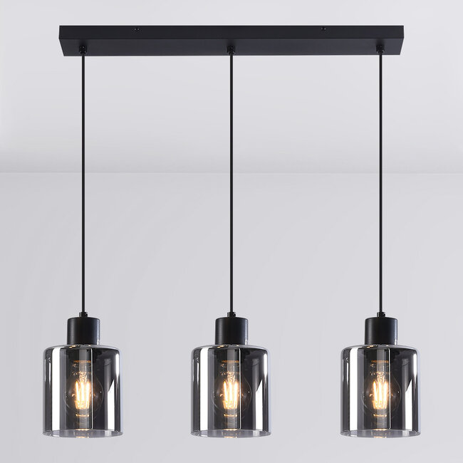 Black Palaio pendant lamp with smoked glass, 3-light