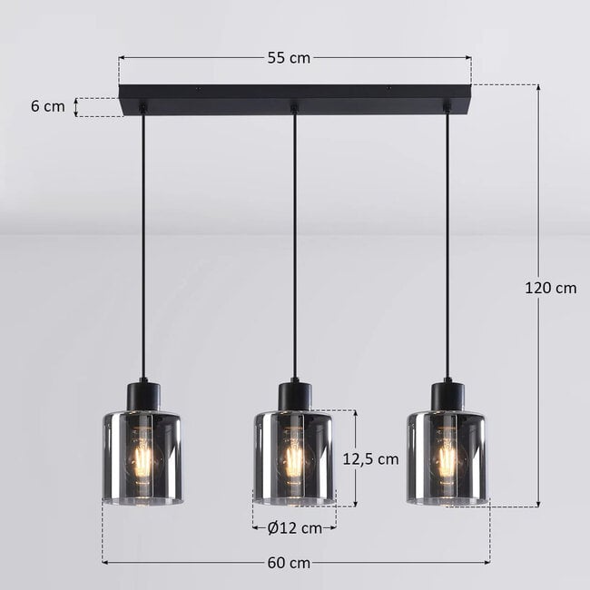 3-light pendant light Palaio - smoked glass and black