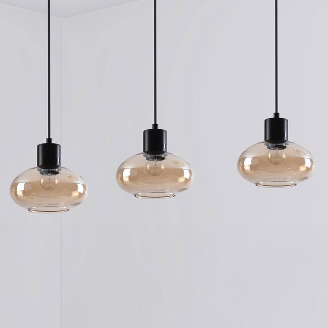 3-light pendant light Vere - amber glass and black