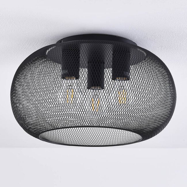 3-light ceiling light Caia - black metal with perforated shade