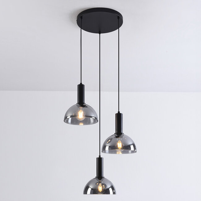 Black pendant lamp with smoked glass, 3-light - Fares