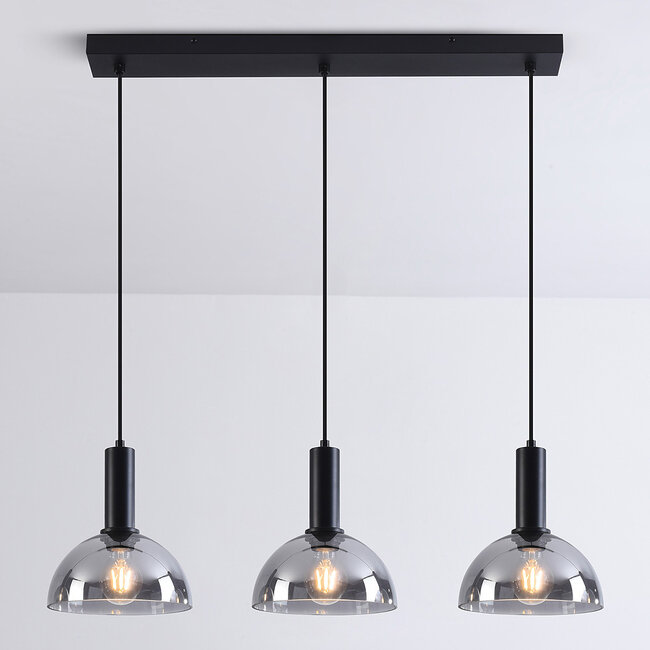 Black pendant lamp with smoked glass, 3-light - Filiz