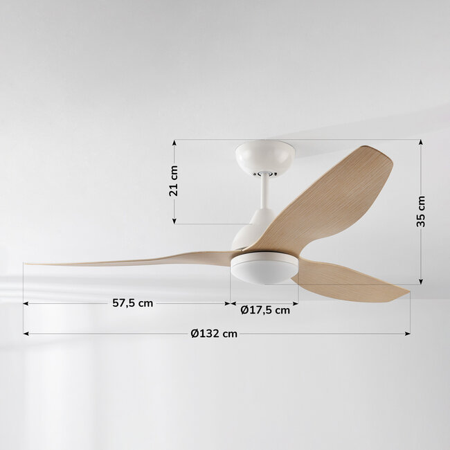 Oiseau ceiling fan with dimmable LEDs and light wood blades - Wood effect