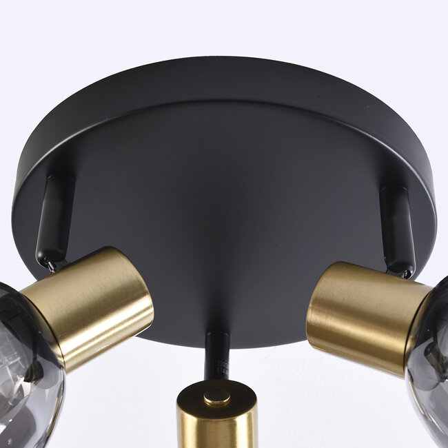3-light ceiling spotlight Kyam - smoked glass and brass gold