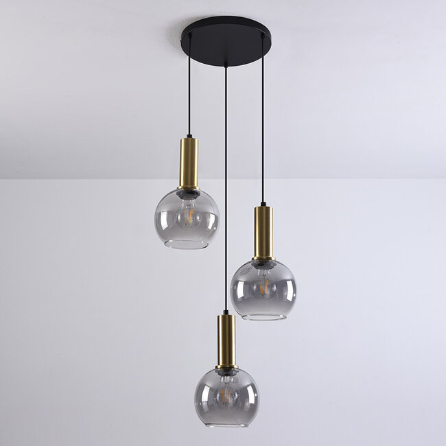 Pendant light Imme with smoked glass, 3-light - gold