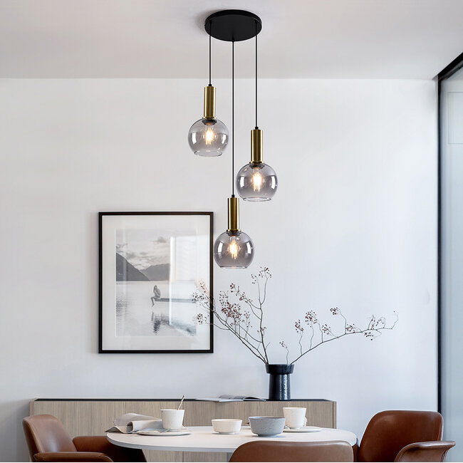 Pendant light Imme with smoked glass, 3-light - gold