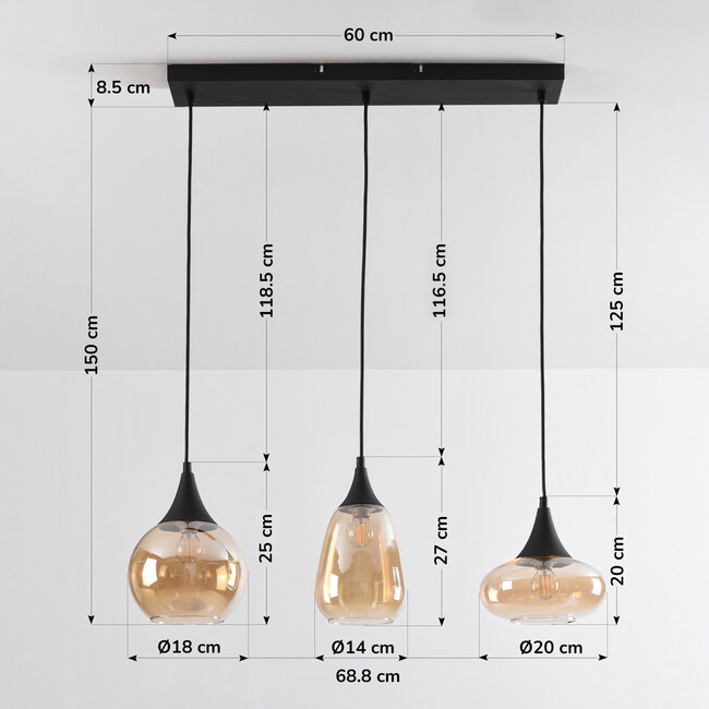 3-light pendant lamp with Amber glass - Lovi