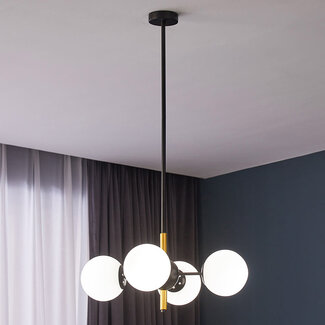 Modern Callie pendant lamp in black with opal white glass, 4-light