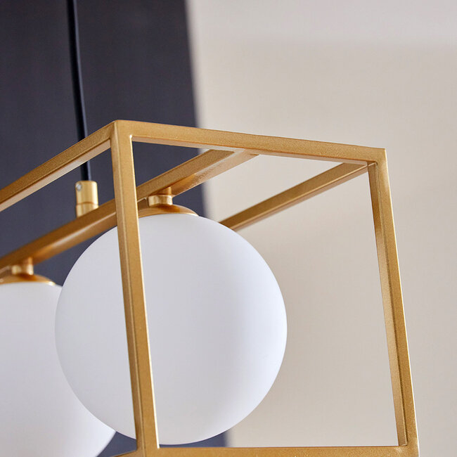Pendant lamp with square Gold frame and opal white glass, 3-light - Gabia