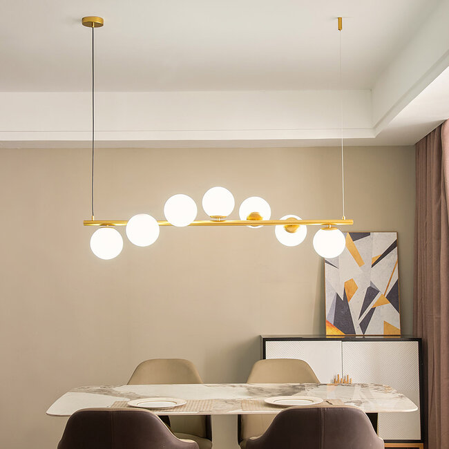 Designer lighting pendant Atto gold with opal white glass, 7-light