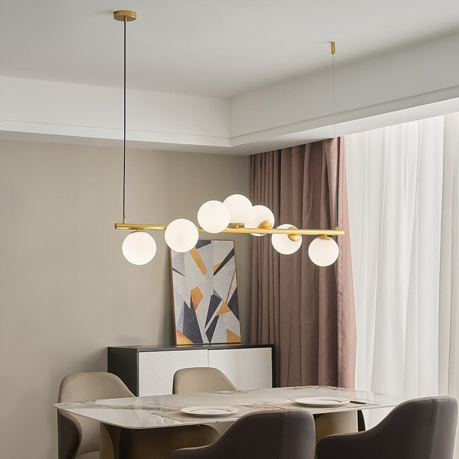 Atto Gold Designer lighting pendant lamp with opal white glass, 7-light