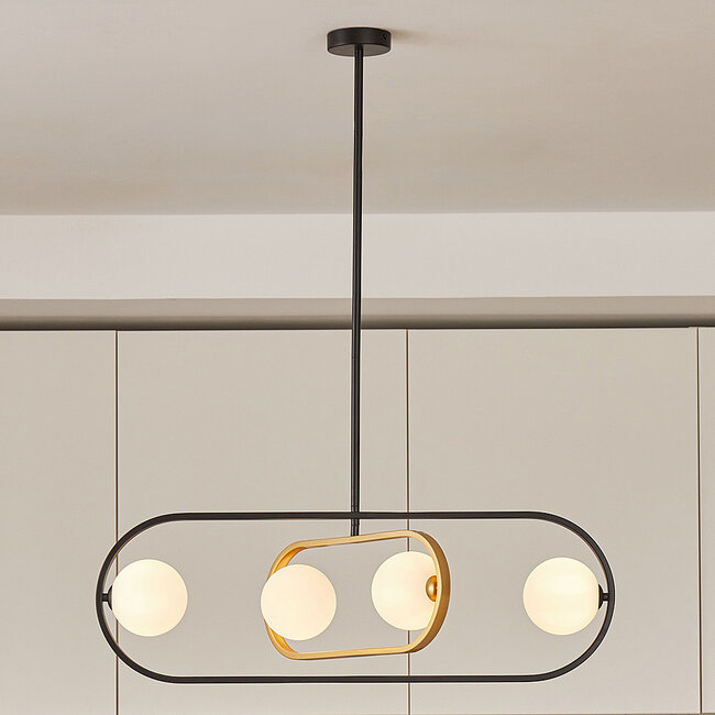 4-light designer pendant lamp Gaio - Black and Gold with milky white glass