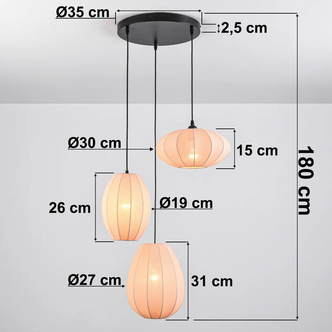 3-light pendant light Fabrica - nude pink fabric lanterns