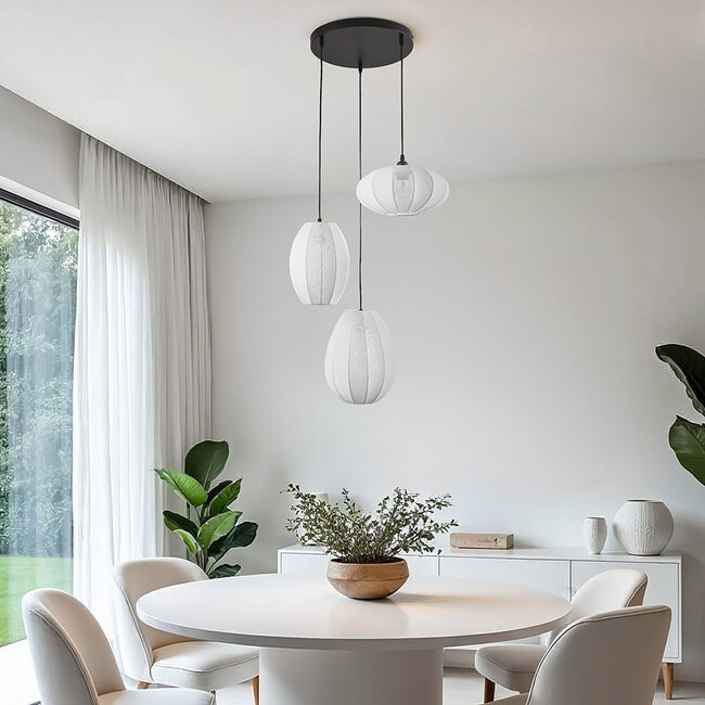 3-light Japandi pendant lamp with white fabric lanterns - Fabrica