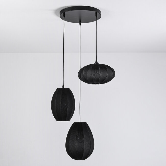 3-light Japandi pendant lamp with Black fabric lanterns - Fabrica