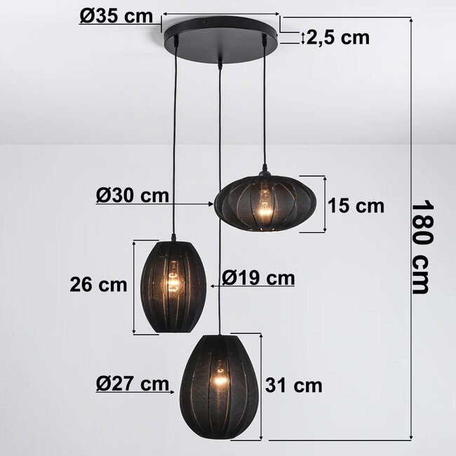 3-light pendant light Fabrica - black fabric lanterns