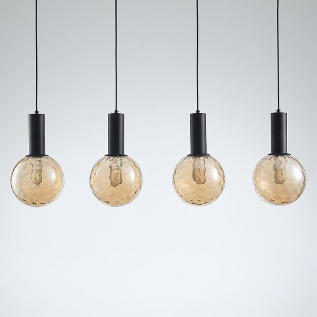 4-light Black pendant lamp with Amber glass - Anglia