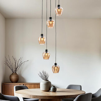 5-light pendant lamp with Amber glass - Glendale