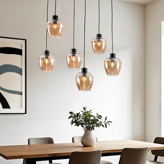 6-light pendant light Arvada - amber glass