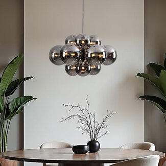 Designer lighting pendant lamp in black with smoked glass, 12-light - Decadi