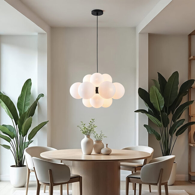 Modern pendant lamp, 12-light, black with opal white glass - Decadi