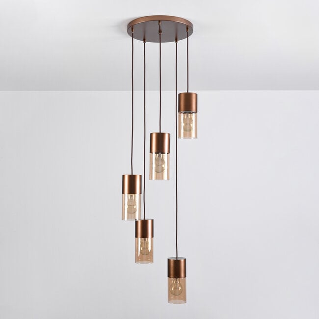 5-light designer pendant lamp in coffee brown with Amber glass - Cortado
