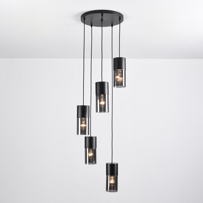 5-light pendant light Cortado - black with smoked glass
