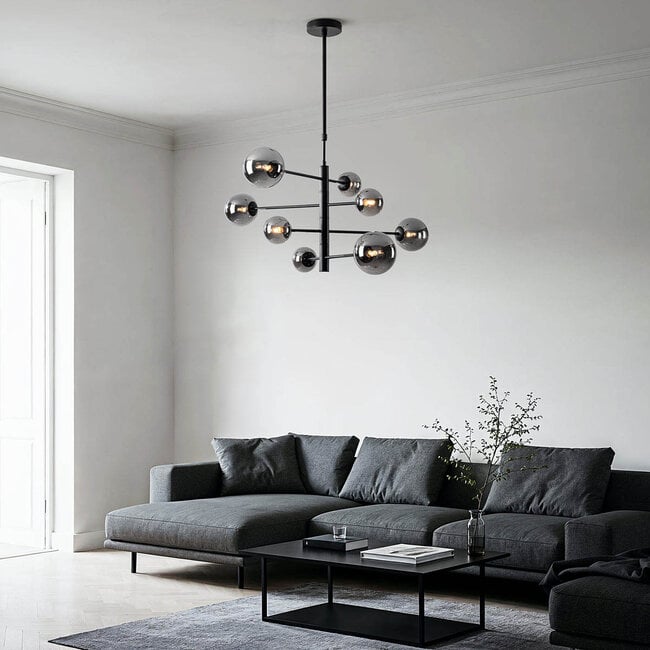 Oito 8-light ceiling light - black with smoked glass