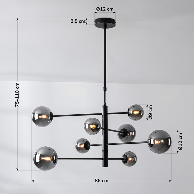 Ceiling light Oito black with smoked glass, 8-light