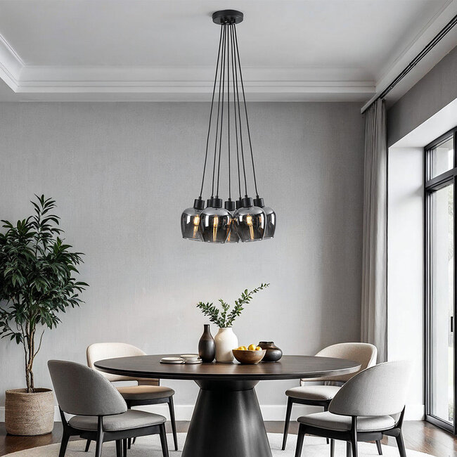 7-light Black pendant lamp with smoked glass - Ventura