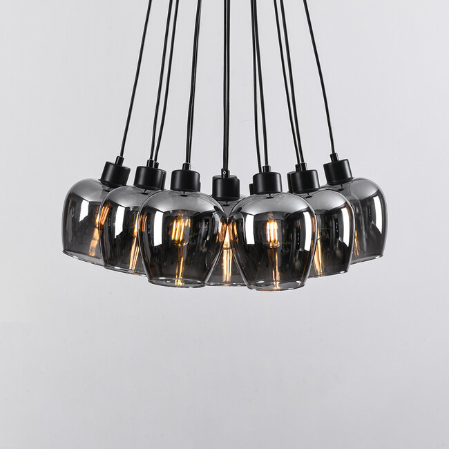 12-light designer pendant lamp in black with smoked glass - Ventura