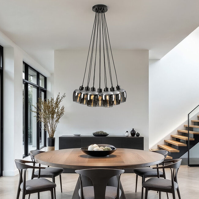 12-light designer pendant lamp in black with smoked glass - Ventura