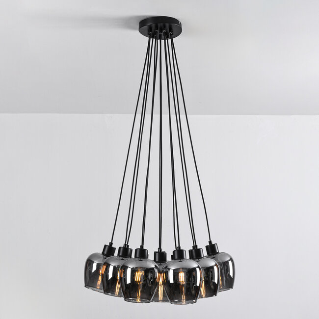 12-light designer pendant lamp in black with smoked glass - Ventura