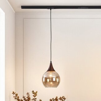 1-phase track pendant light Nya, round amber glass and dark wood-effect detail