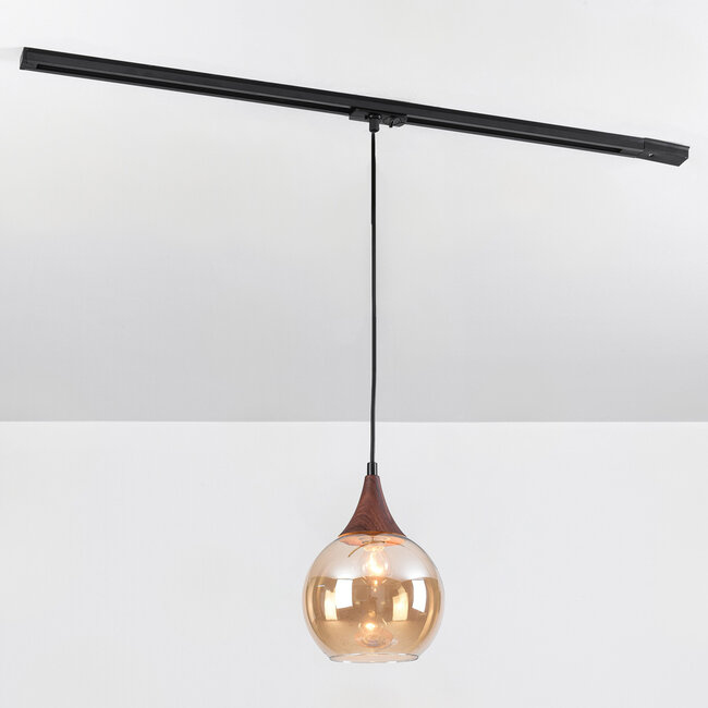1-phase rail pendant lamp Nya with Amber glass and dark wood effect - round