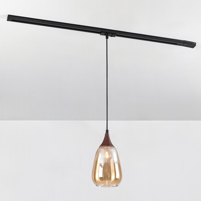 1-phase rail pendant light Noi with Amber glass and dark wood effect - drop