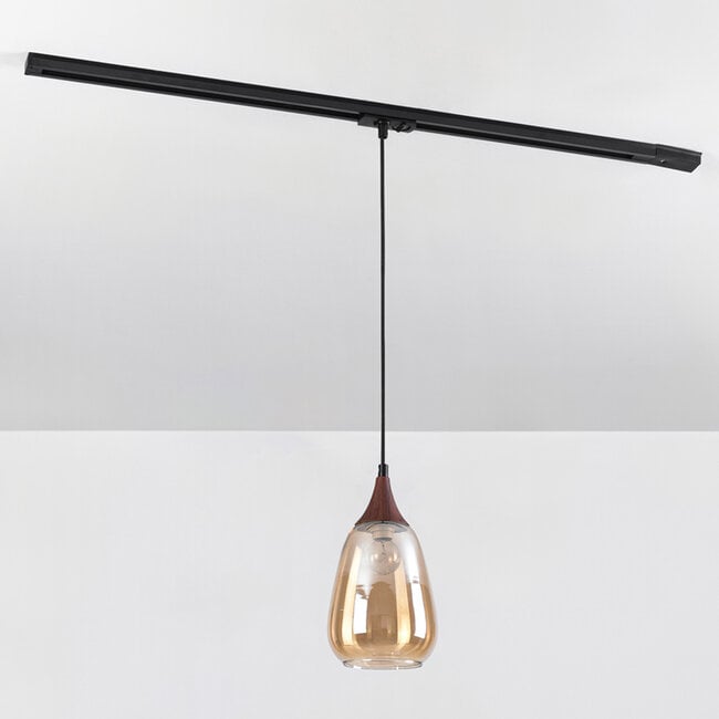 1-phase track pendant light Noi, teardrop amber glass and dark wood-effect detail