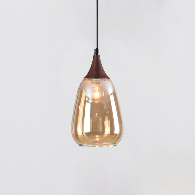 1-phase rail pendant light Noi with Amber glass and dark wood effect - drop