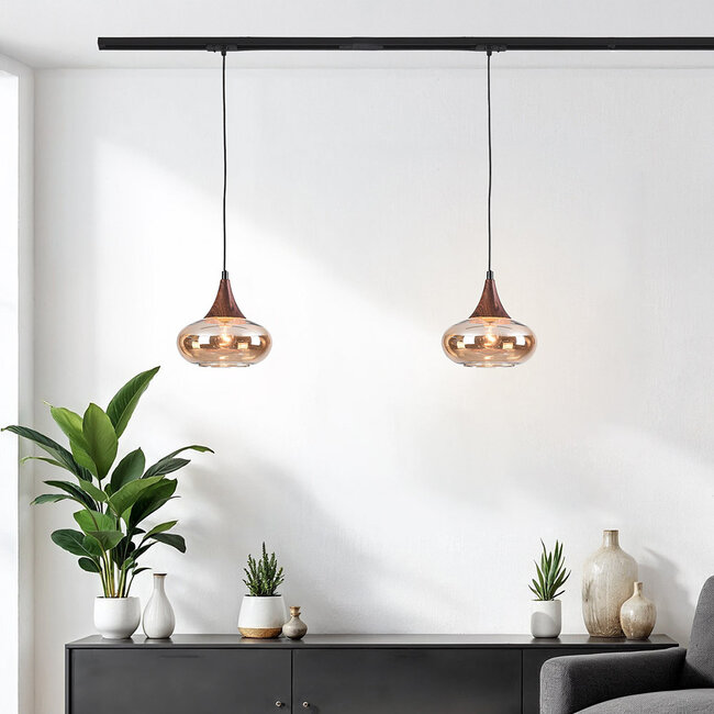 1-phase track pendant light Nill, wide amber glass and dark wood-effect detail