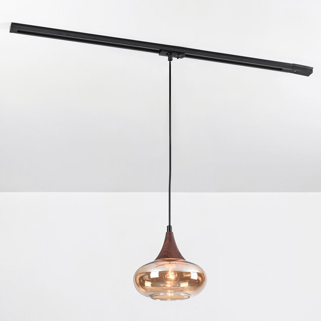 1-phase track pendant light Nill, wide amber glass and dark wood-effect detail