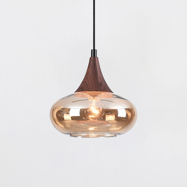 1-phase rail pendant lamp Nill with Amber glass and dark wood effect - wide glass