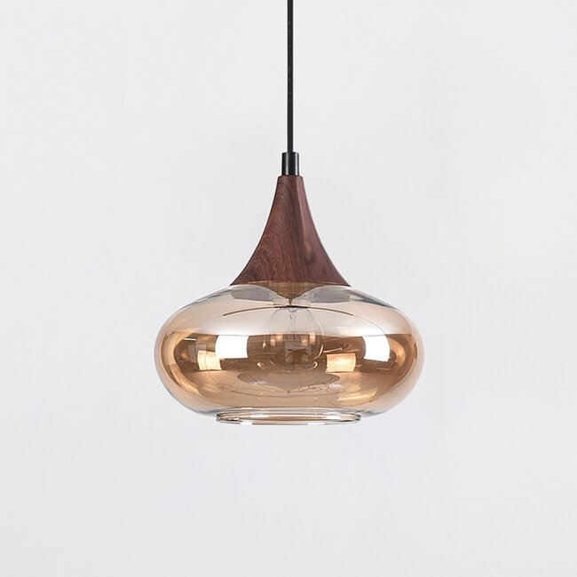 1-phase rail pendant lamp Nill with Amber glass and dark wood effect - wide glass